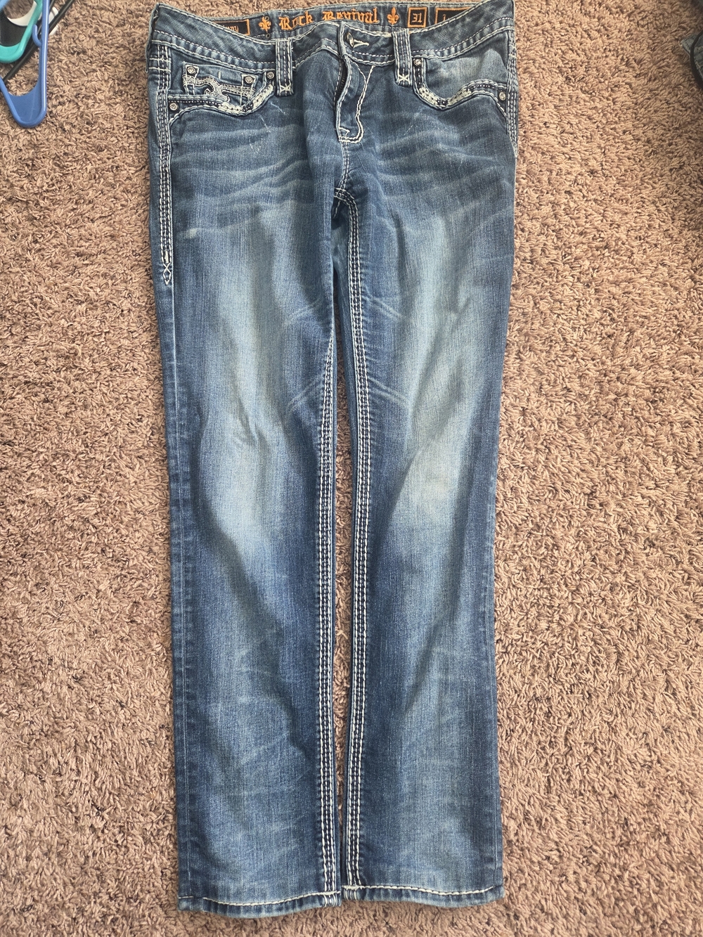 Rock Revival Women's Blue Faded Bootcut Jeans with Embellished Pockets